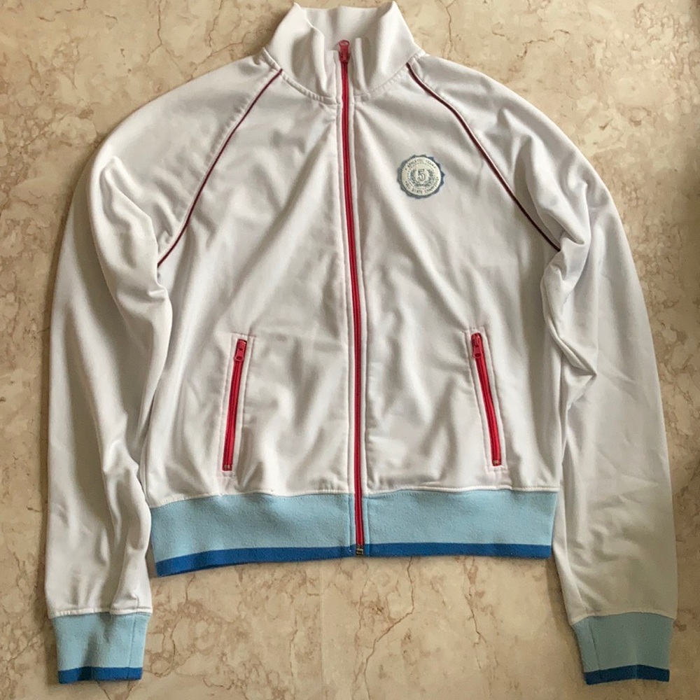 Simply by...e | large | white | athletic jacket w/ red zippers & blue hems/cuffs